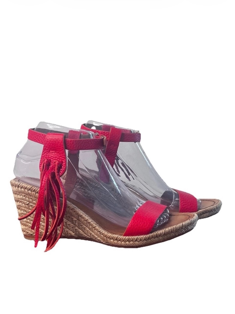 Valentino Garavani C Rockee Wedge Sandals Red Leather Fringe Size 39
